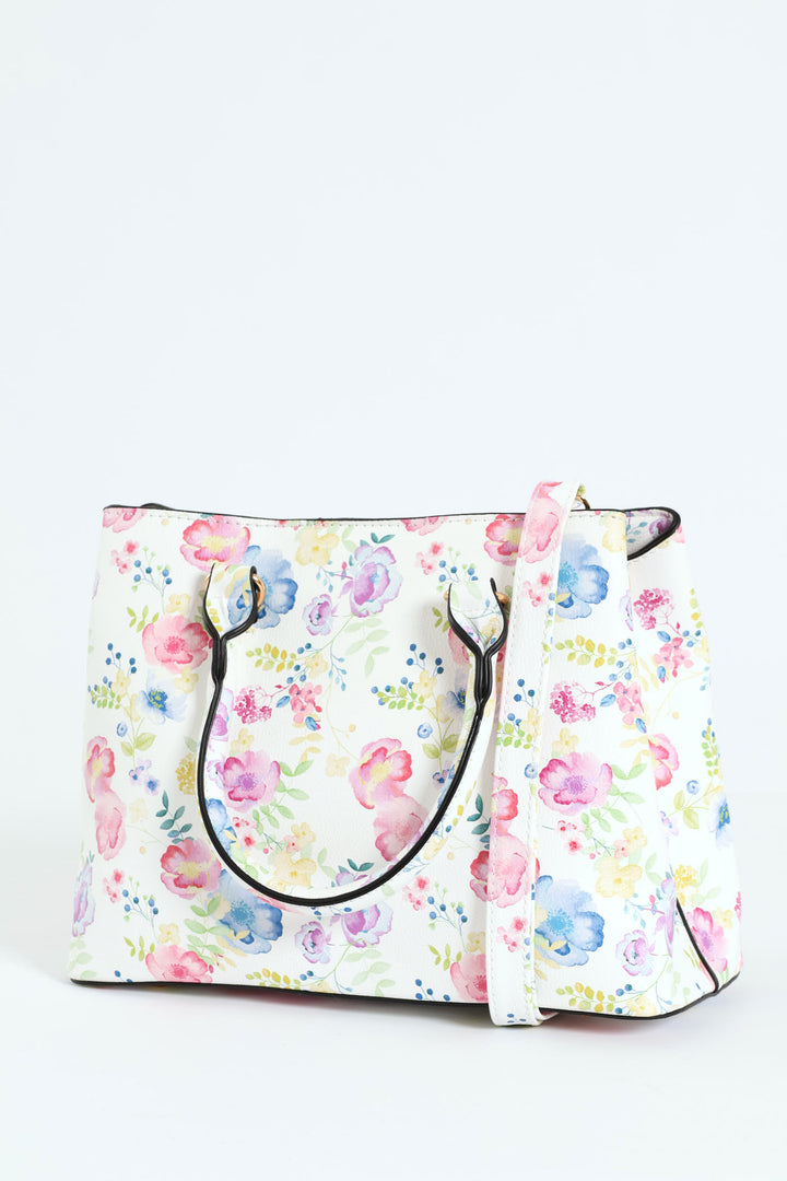 Floral Gold Trim Tote Bag - White