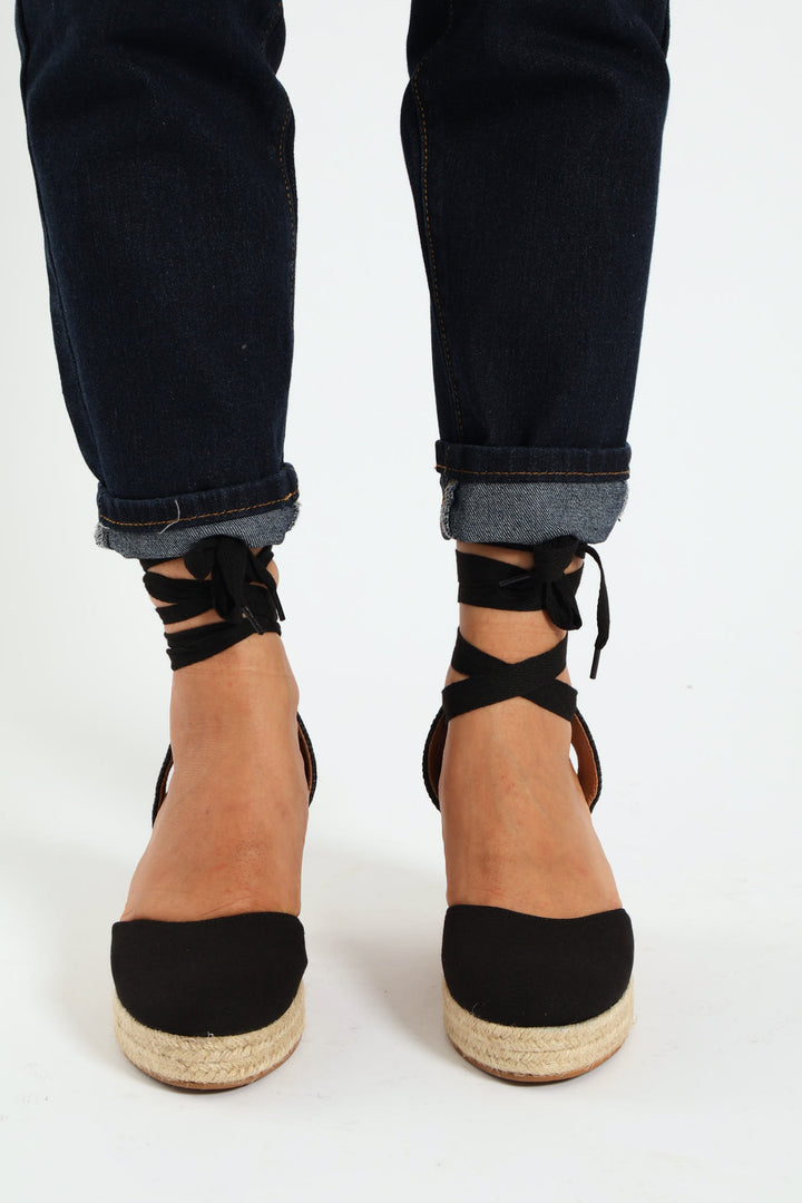 Leena Closed Toe Tying Strap Espadrille - Black