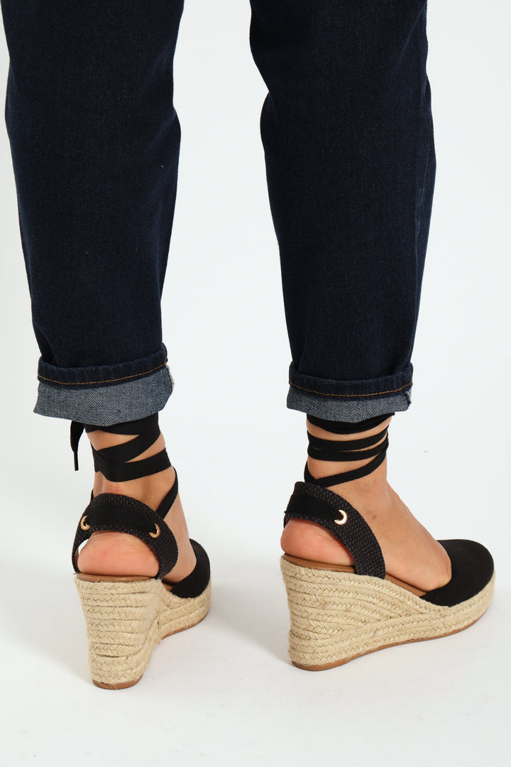 Leena Closed Toe Tying Strap Espadrille - Black