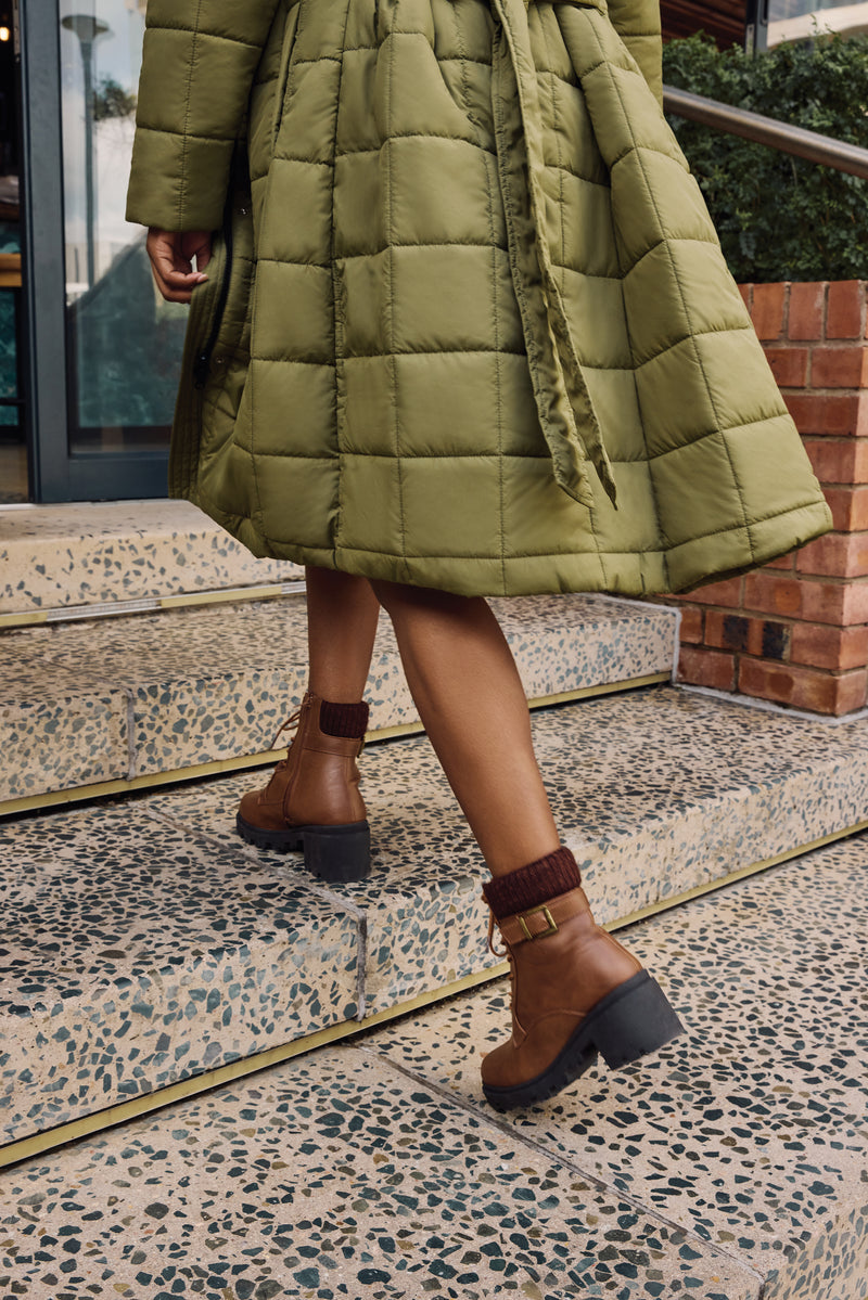 Chunky Military Boot With Sock Detail & Buckle Trim -Tan