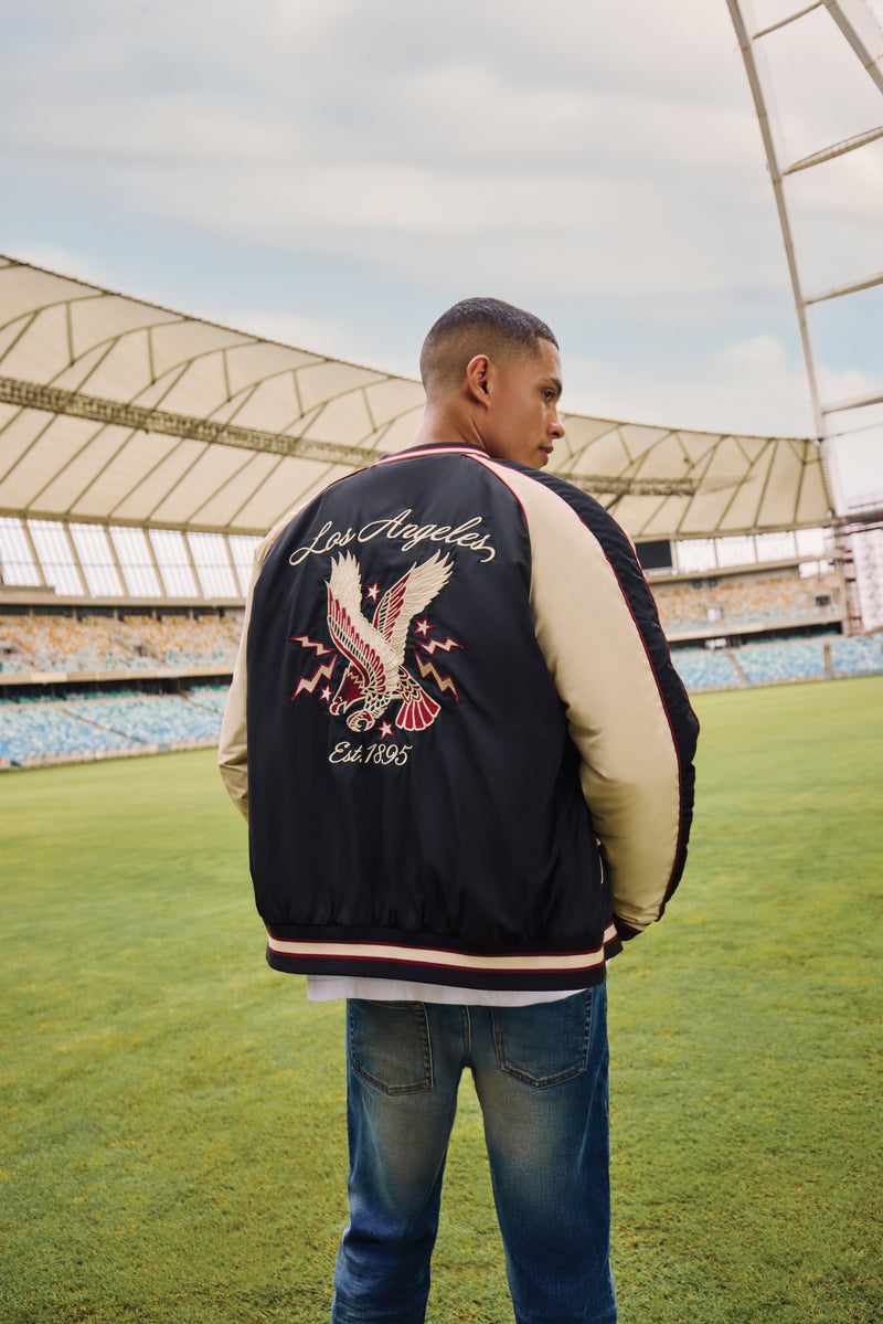 Satin Eagle Embroidered Jacket - Black