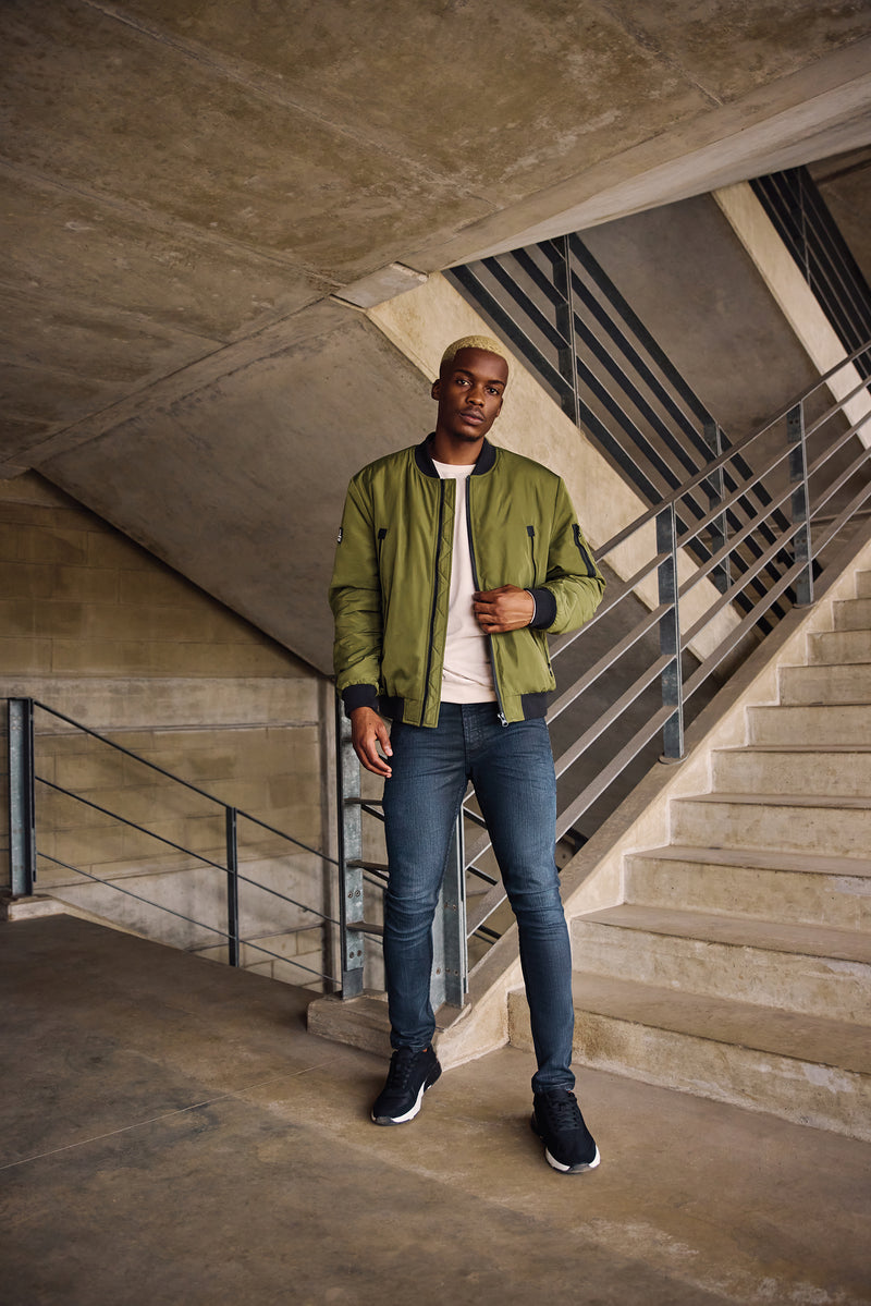 Longer Zip Bomber Jacket - Olive