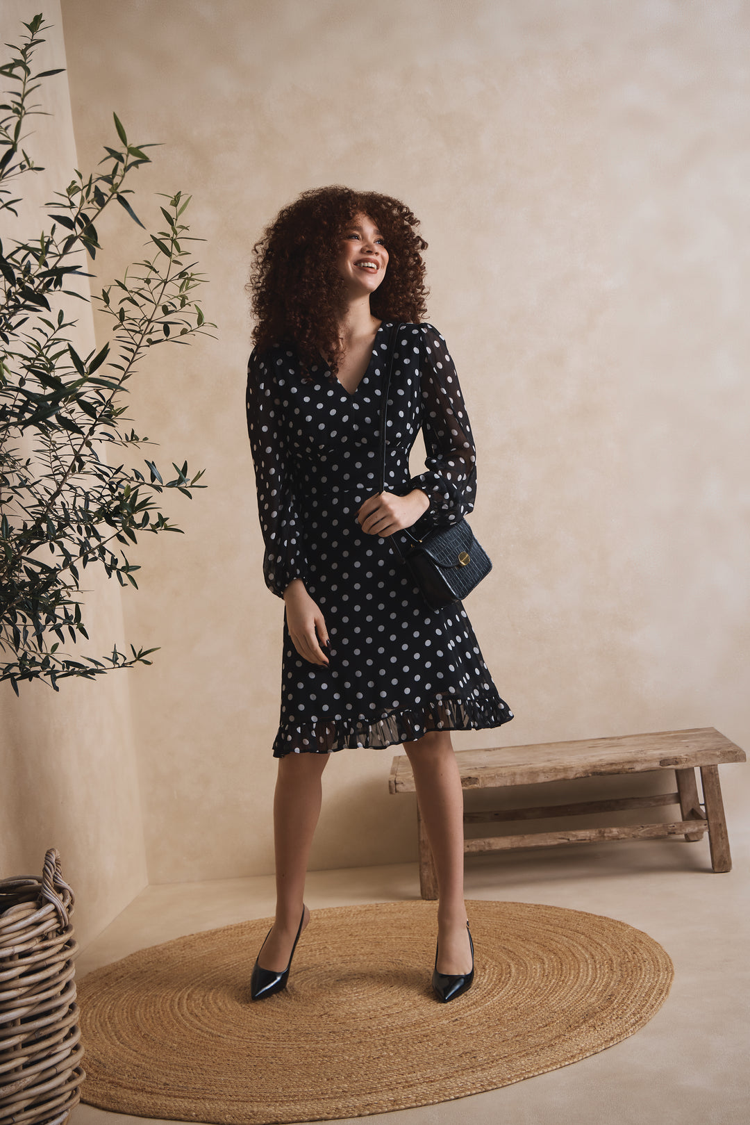 Poka Dot Frill Hem Tea Dress - Black/Cream