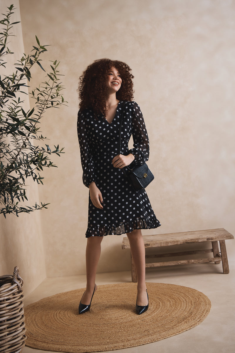 Poka Dot Frill Hem Tea Dress - Black/Cream