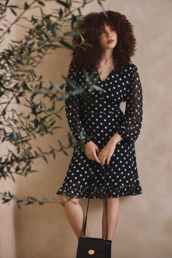 Poka Dot Frill Hem Tea Dress - Black/Cream