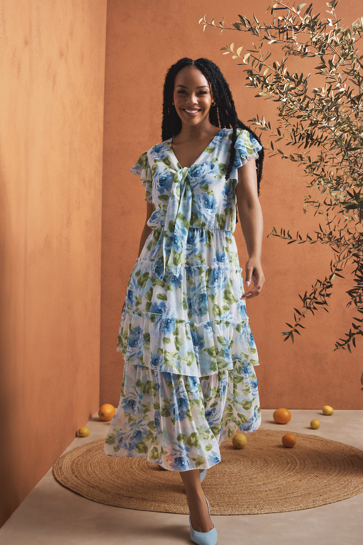 Tie Front Floral Flutter Sleeve Maxi Dress - Multi
