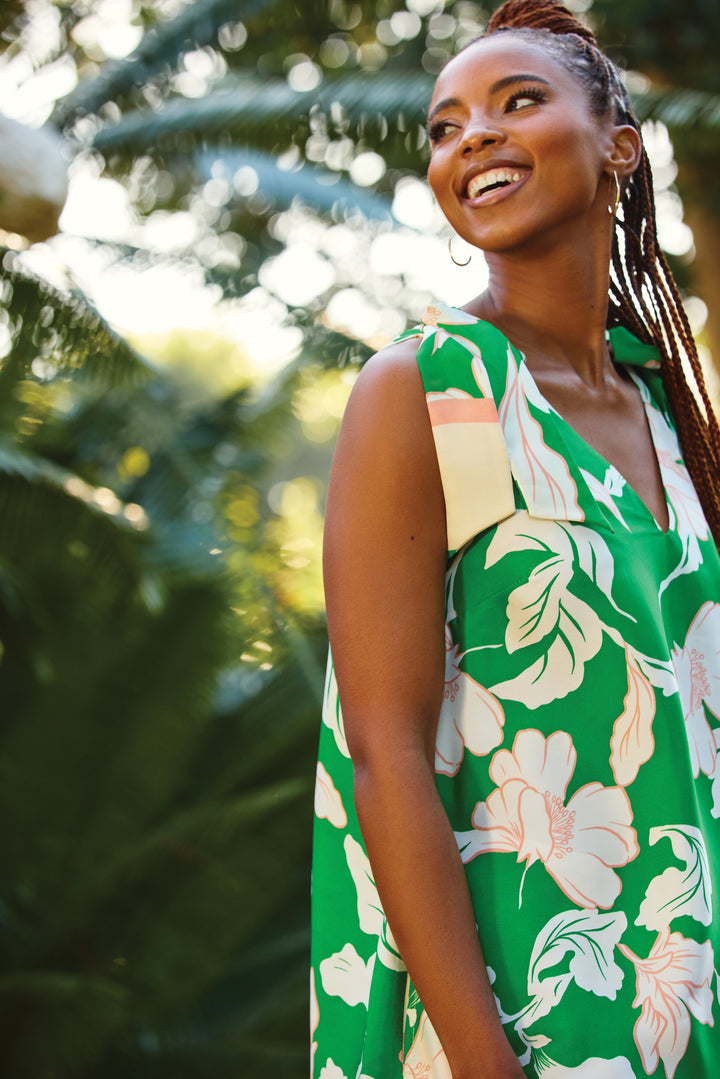 Bow Ties V-Neck Border Print Midaxi Dress - White/Green