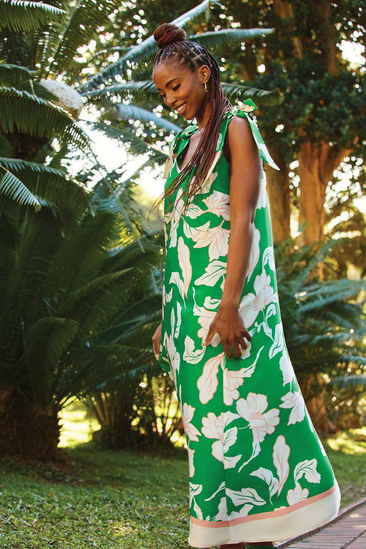 Bow Ties V-Neck Border Print Midaxi Dress - White/Green