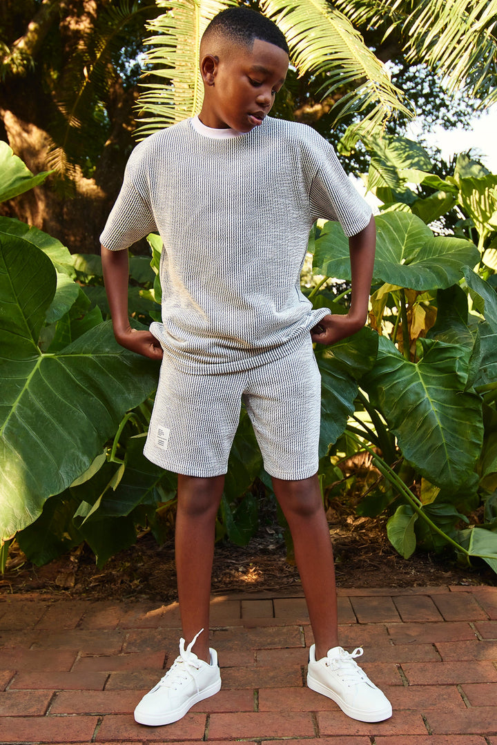 Boys Stripe Seersucker Textured Short - Denim/White