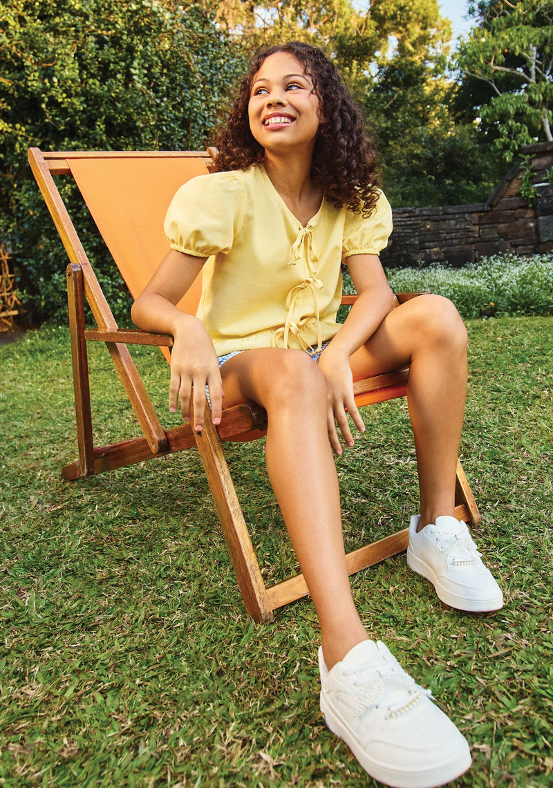 Girls Puff Sleeve Front Bow Detail Peplum Top - Pastel Yellow