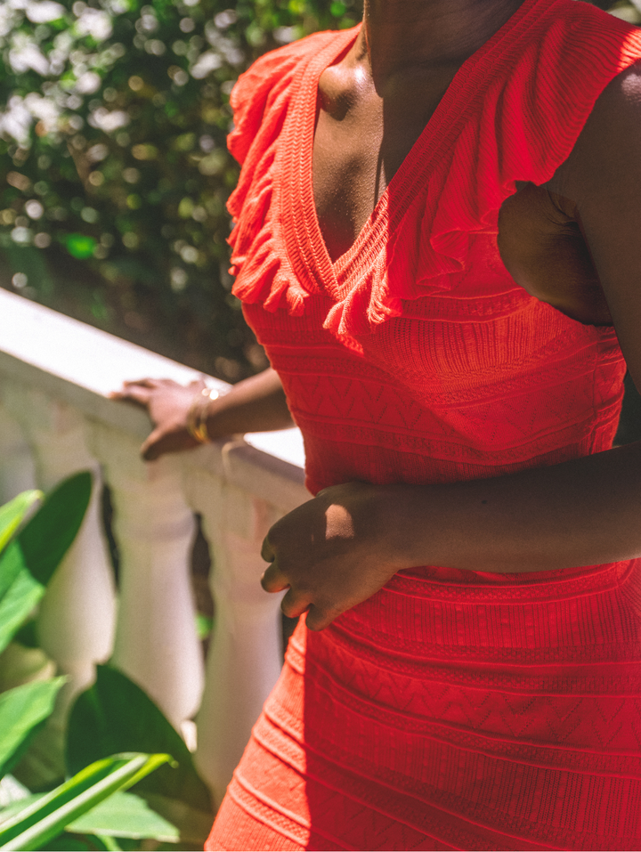 Frill V-Neck Crochet Fit & Flare Maxi Dress - Fiery Red