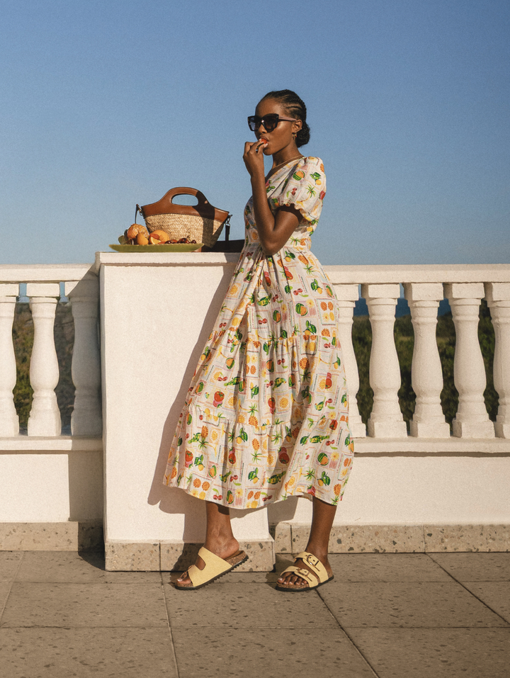 Bubble Sleeve Tiered Wrap Midi Dress - Multi