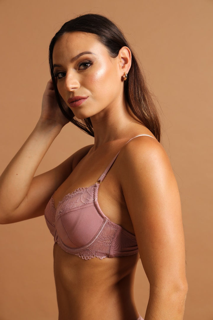 2 Pack Lace & Shiny Microfibre Balconette Bra - Dusty Rose/Graystone