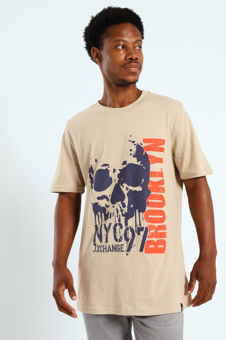 Two Colour Front Print T-Shirt - Stone