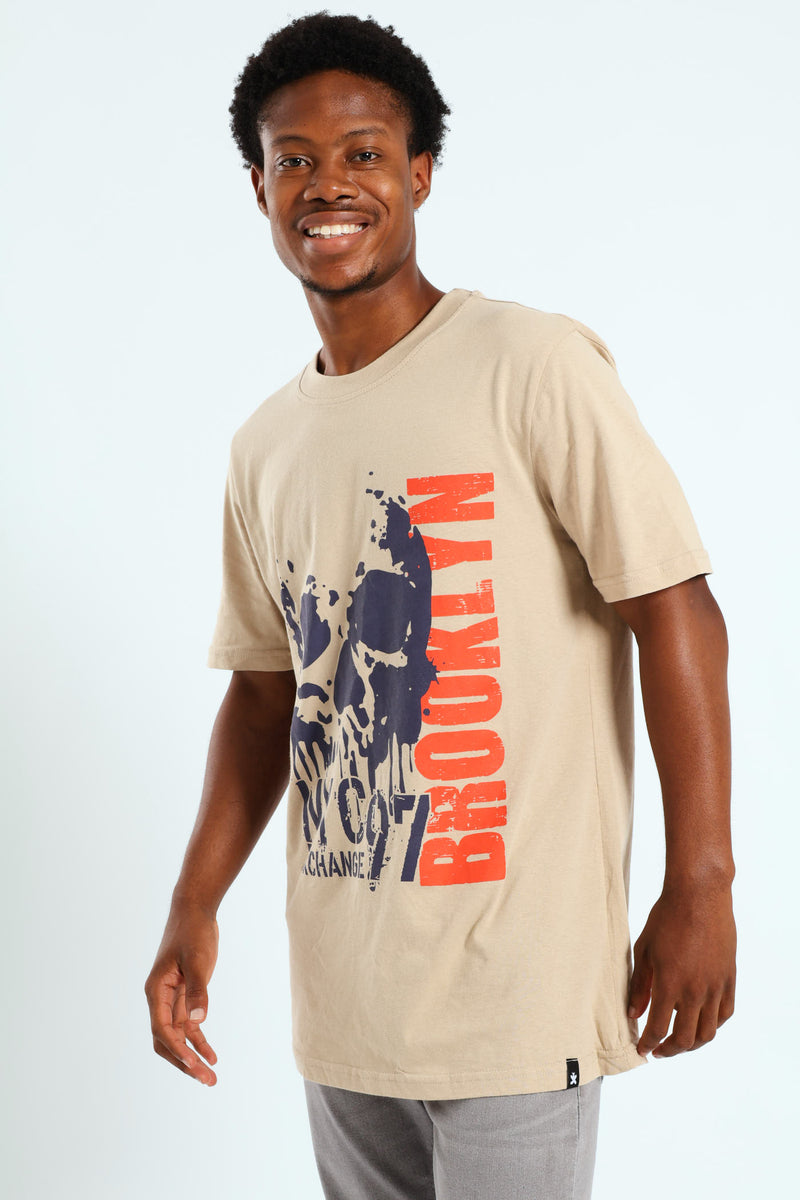 Two Colour Front Print T-Shirt - Stone