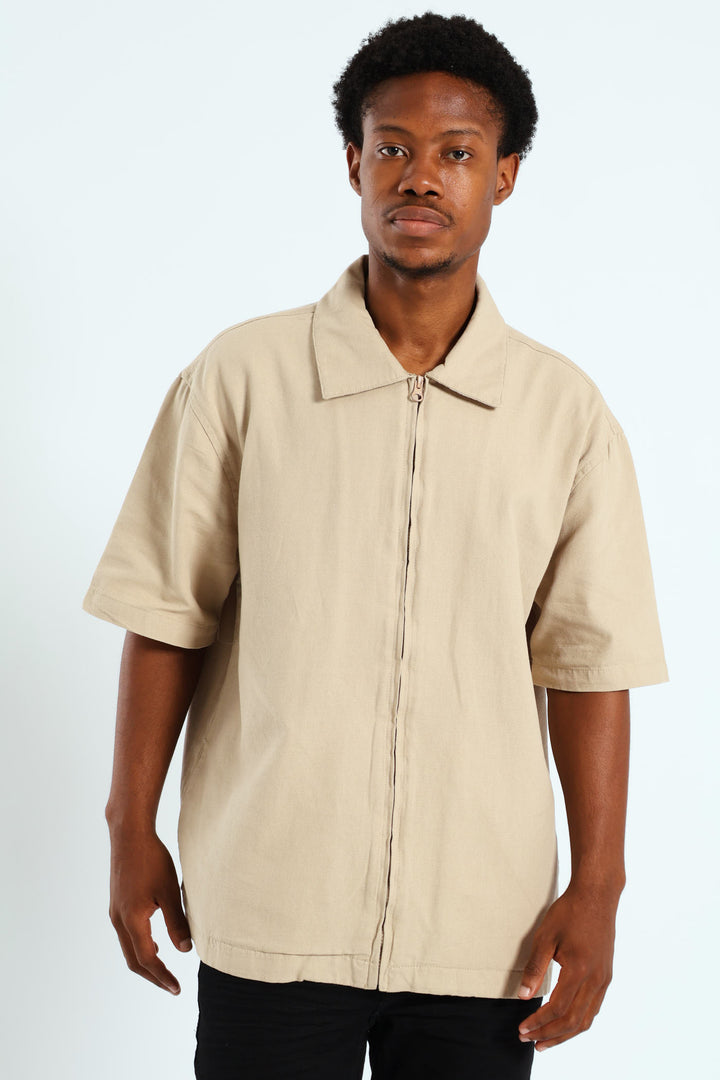 Zip Through Front & Back Shirt - Stone