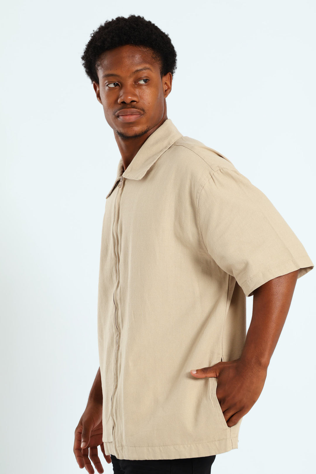 Zip Through Front & Back Shirt - Stone