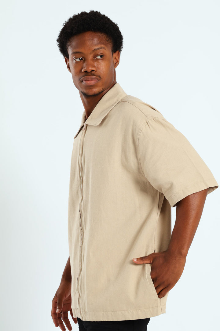 Zip Through Front & Back Shirt - Stone