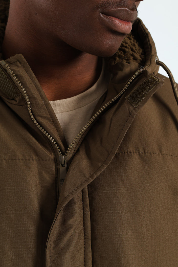 Longline Puffer Parka Jacket - Green