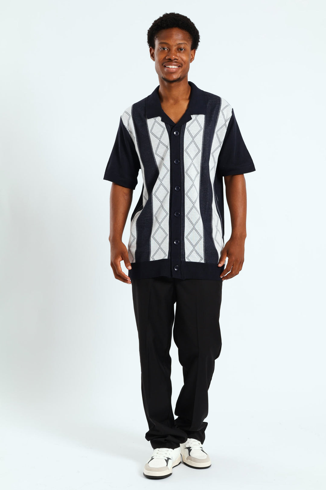 Button Through Argyle Knit Shirt - Navy