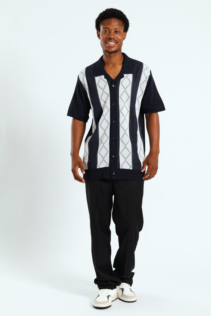 Button Through Argyle Knit Shirt - Navy