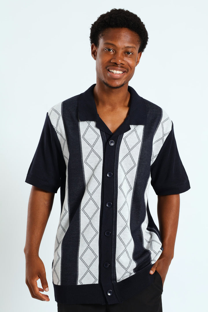 Button Through Argyle Knit Shirt - Navy