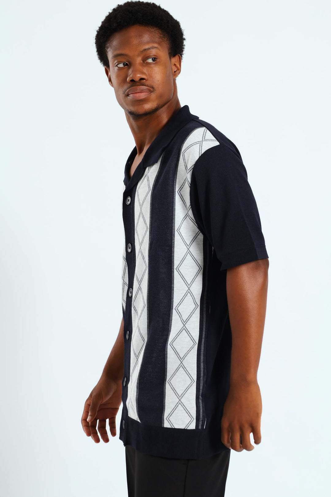 Button Through Argyle Knit Shirt - Navy