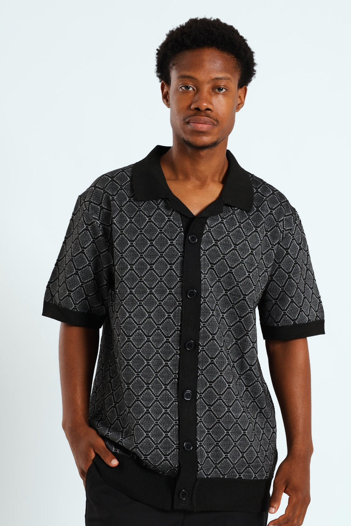 Short Sleeve Button Through Knit Shirt - Black/White
