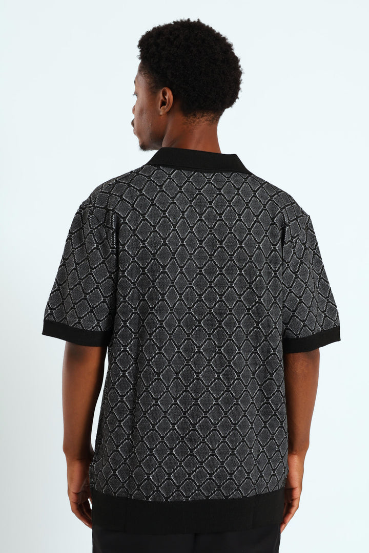 Short Sleeve Button Through Knit Shirt - Black/White