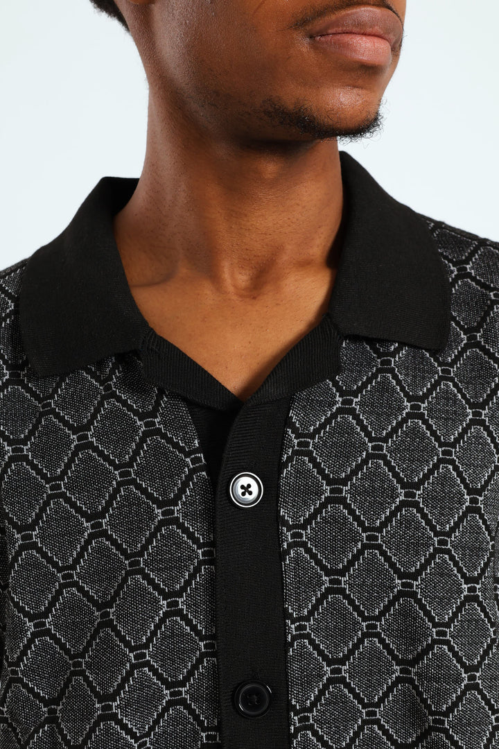 Short Sleeve Button Through Knit Shirt - Black/White