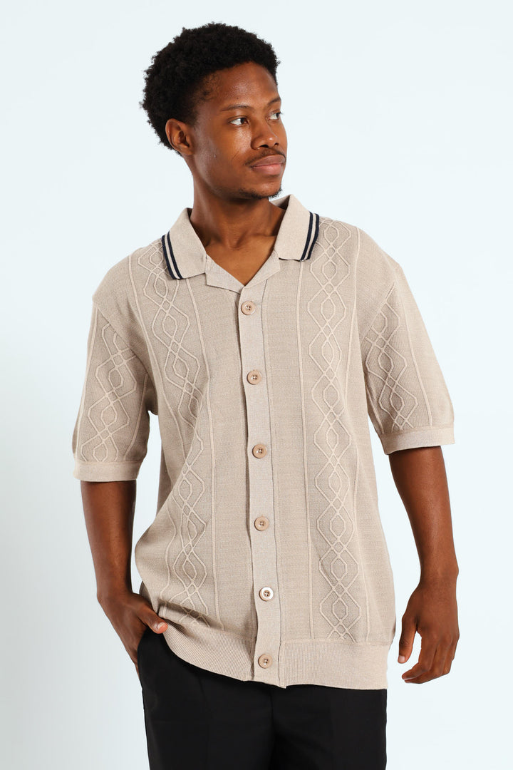 Short Sleeve Button Through Knit Shirt - Stone