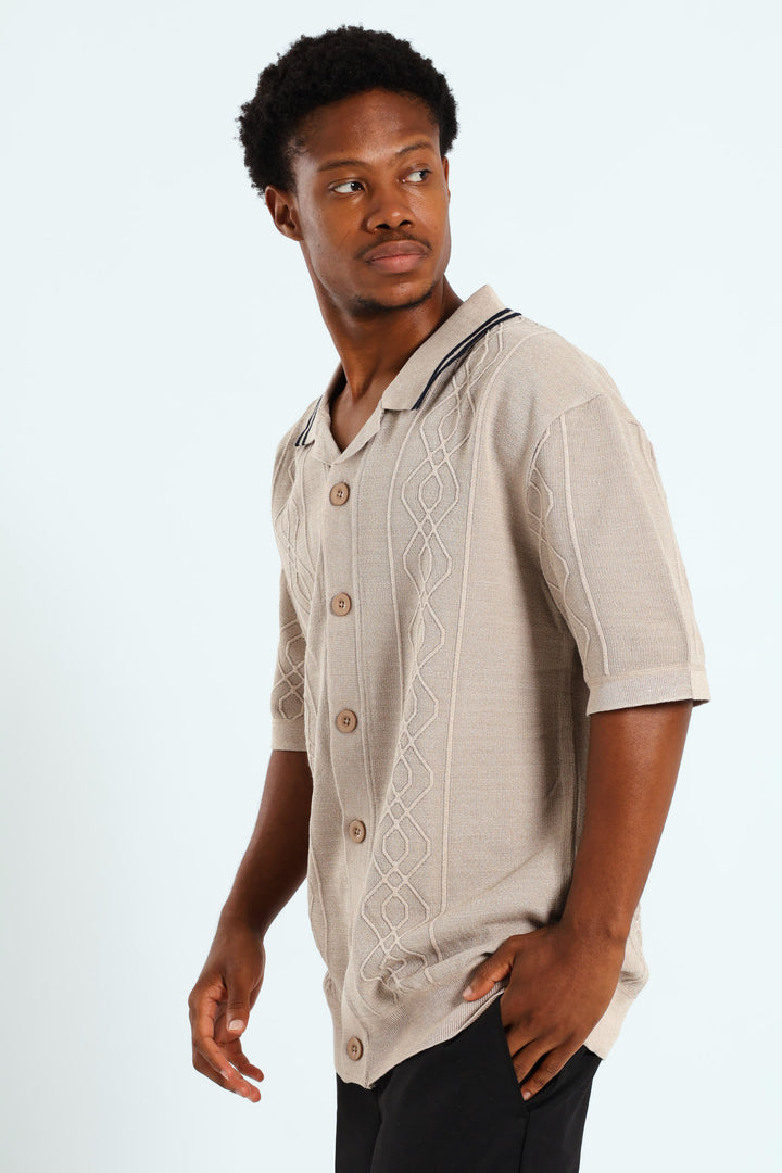 Short Sleeve Button Through Knit Shirt - Stone