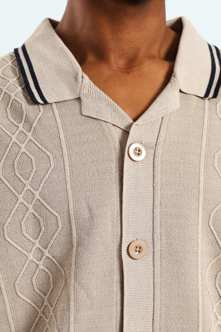 Short Sleeve Button Through Knit Shirt - Stone