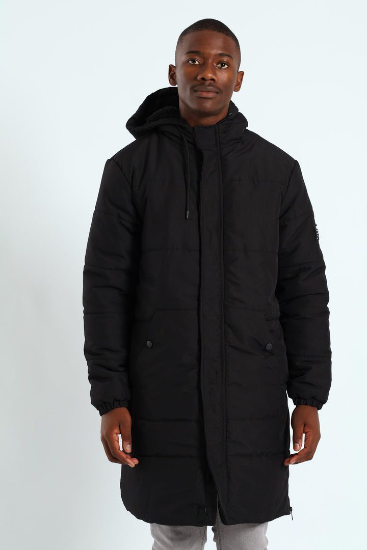 Longline Puffer Parka Jacket - Black