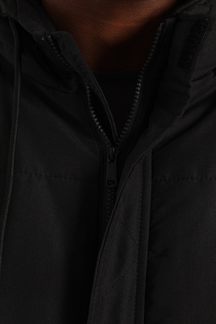 Longline Puffer Parka Jacket - Black