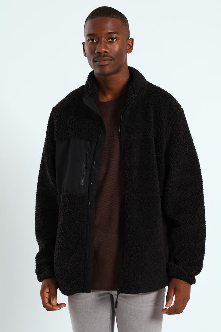 Borg Nylon Zip Through Jacket - Black