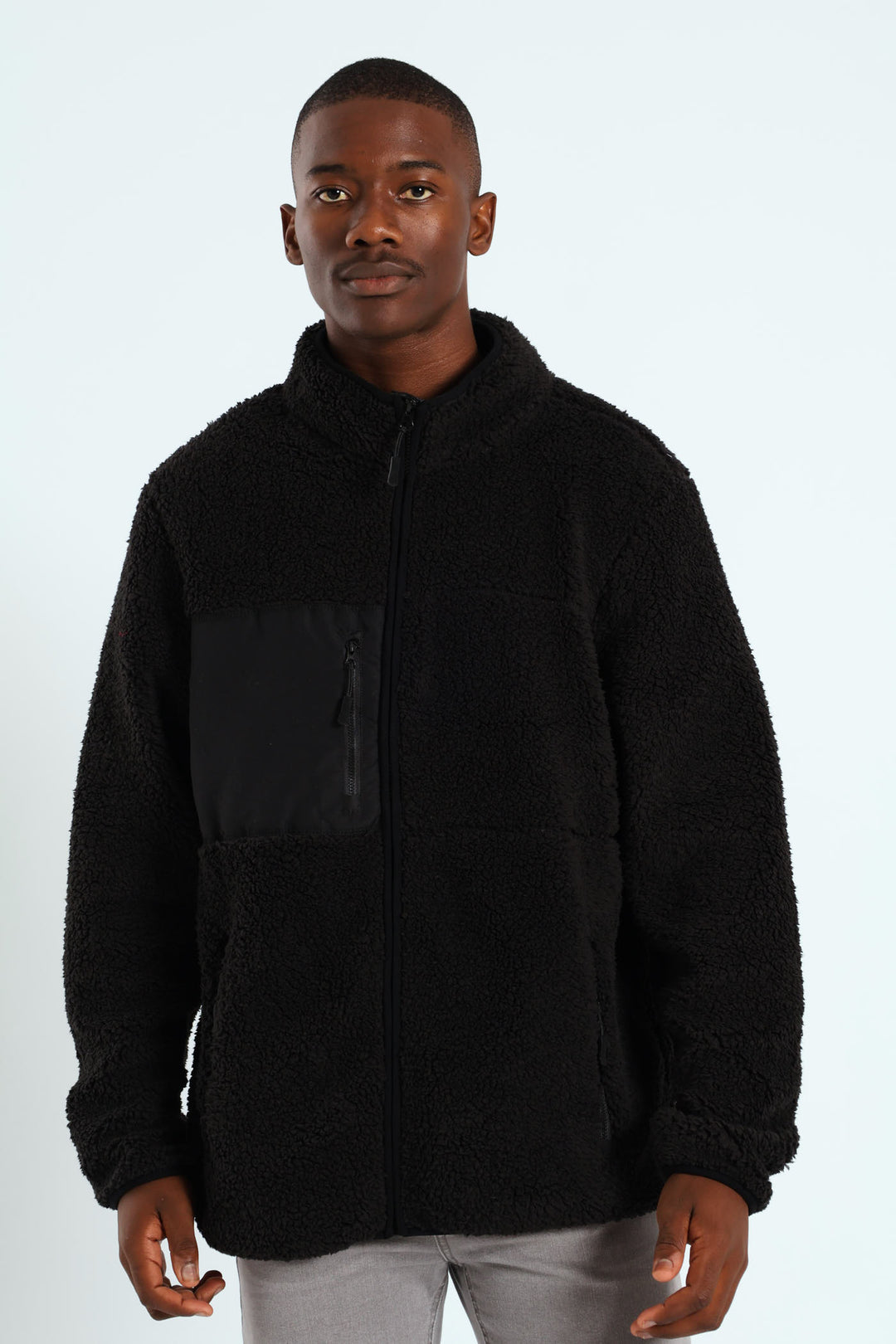 Borg Nylon Zip Through Jacket - Black