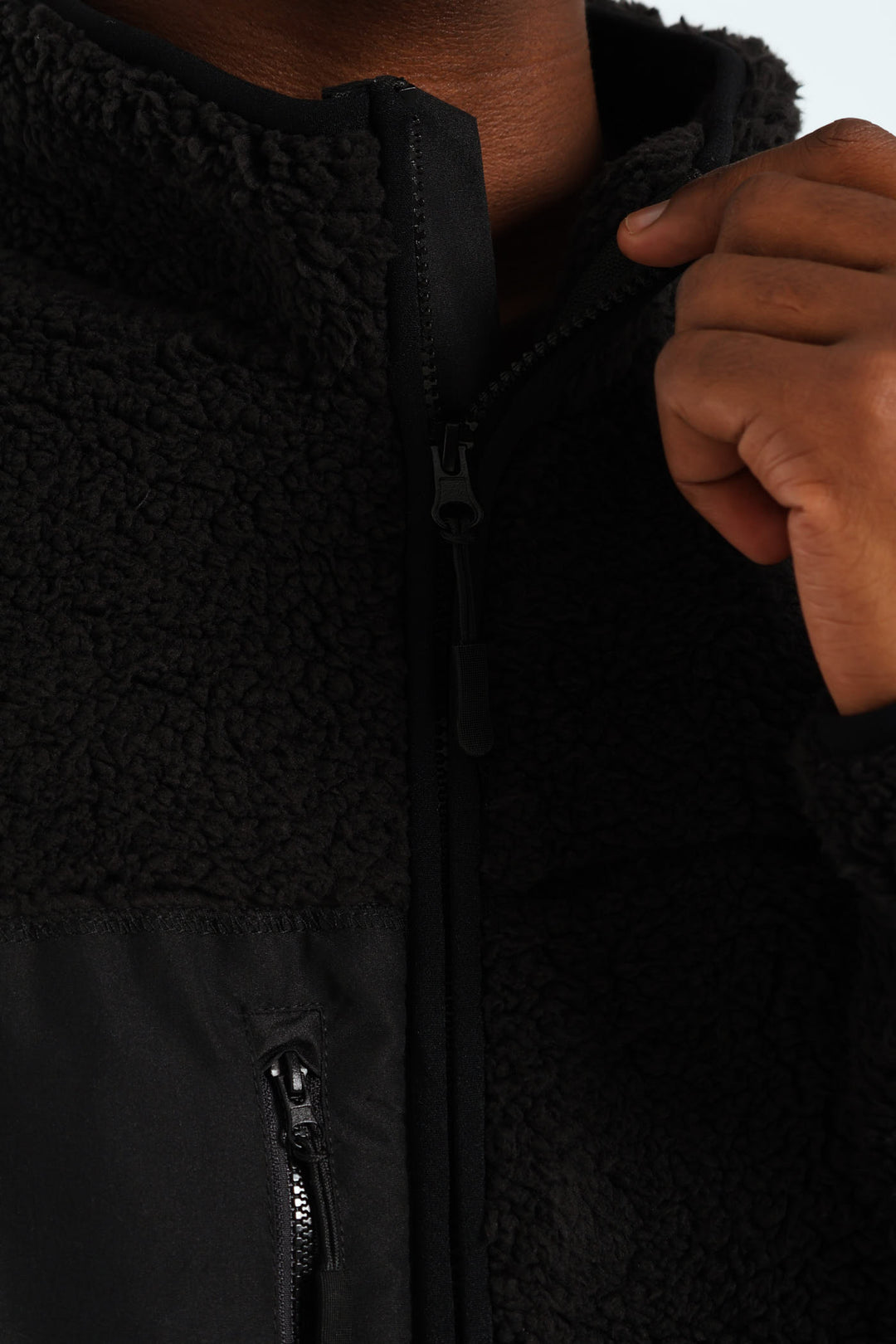 Borg Nylon Zip Through Jacket - Black