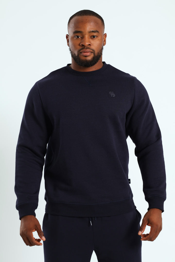 Plain Crew Fleece Sweat Top - Navy