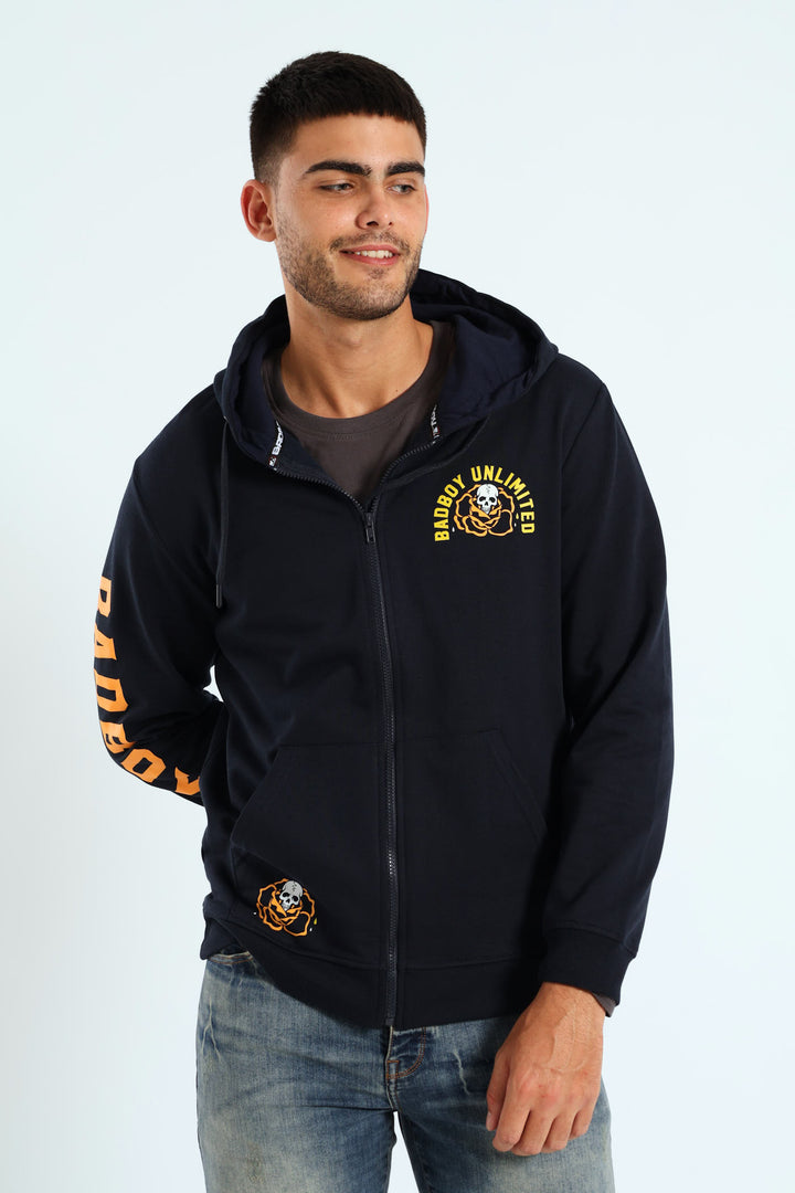 Skull Rose Zip Hoody - Navy