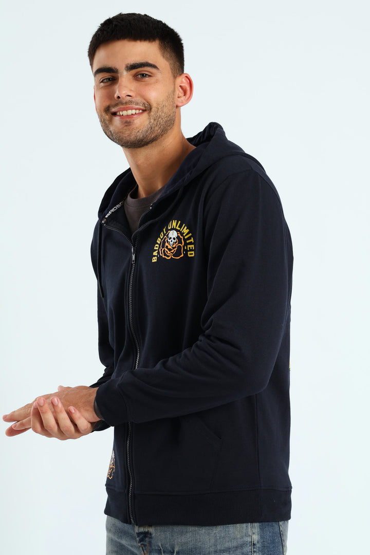 Skull Rose Zip Hoody - Navy