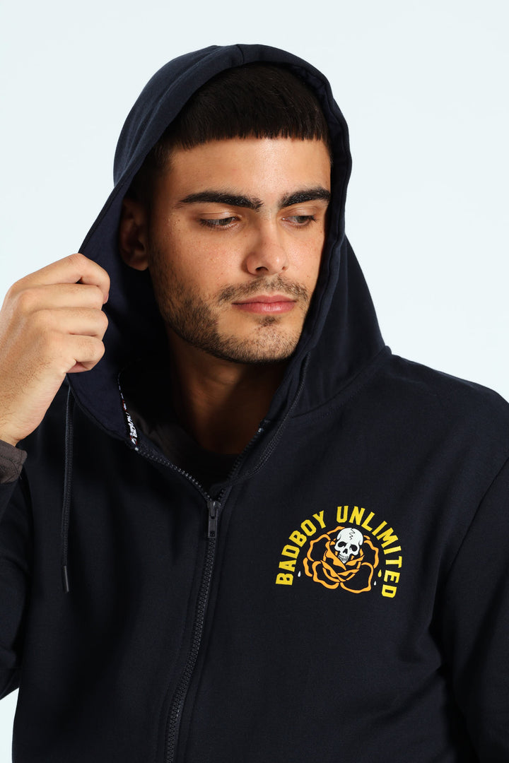 Skull Rose Zip Hoody - Navy