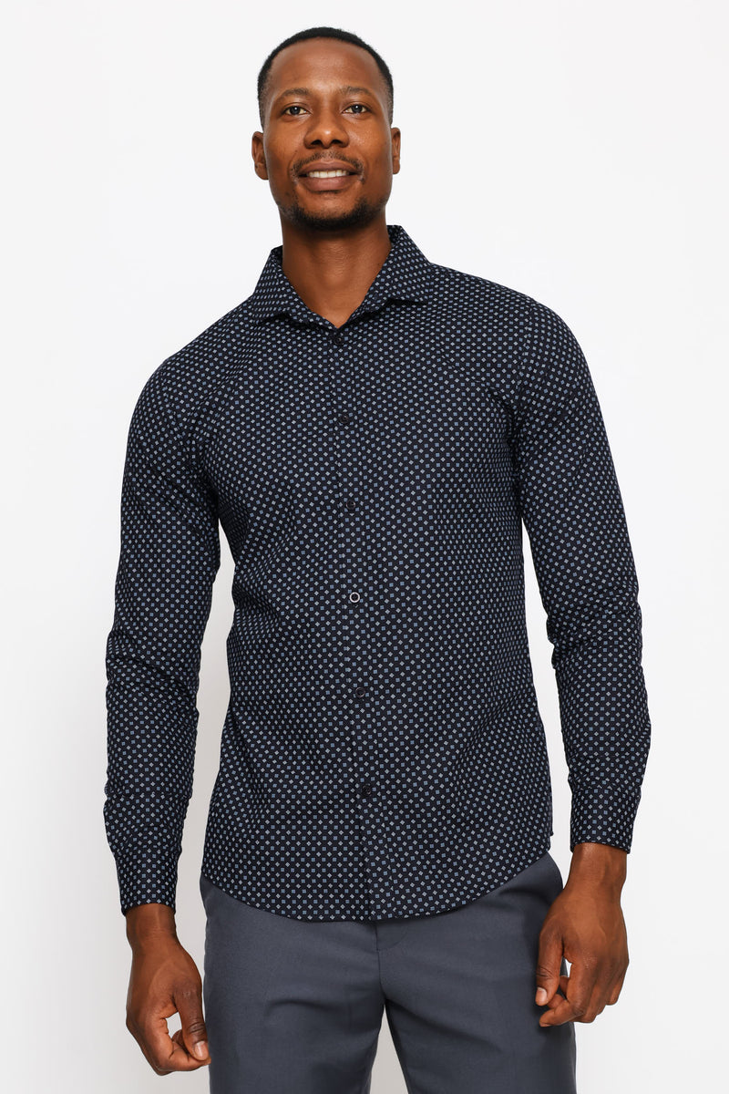 Slim Dotted Square Printed Shirt - Navy