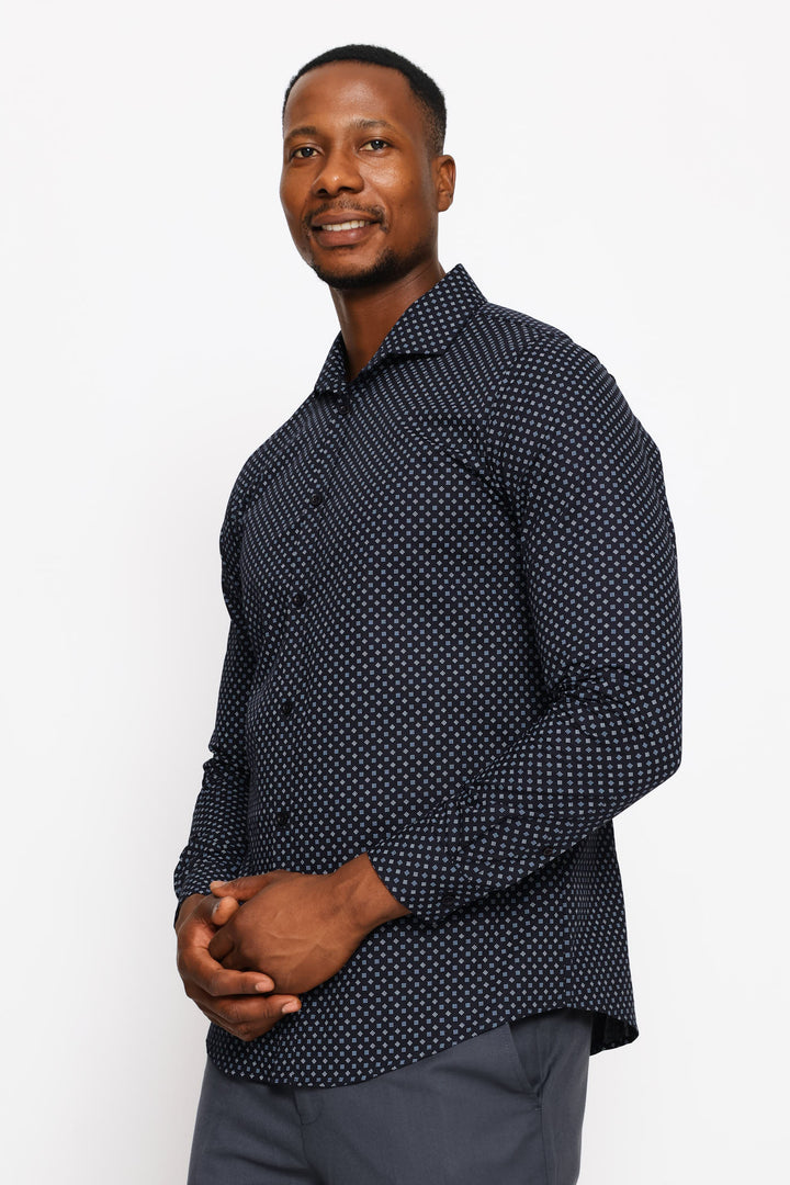 Slim Dotted Square Printed Shirt - Navy