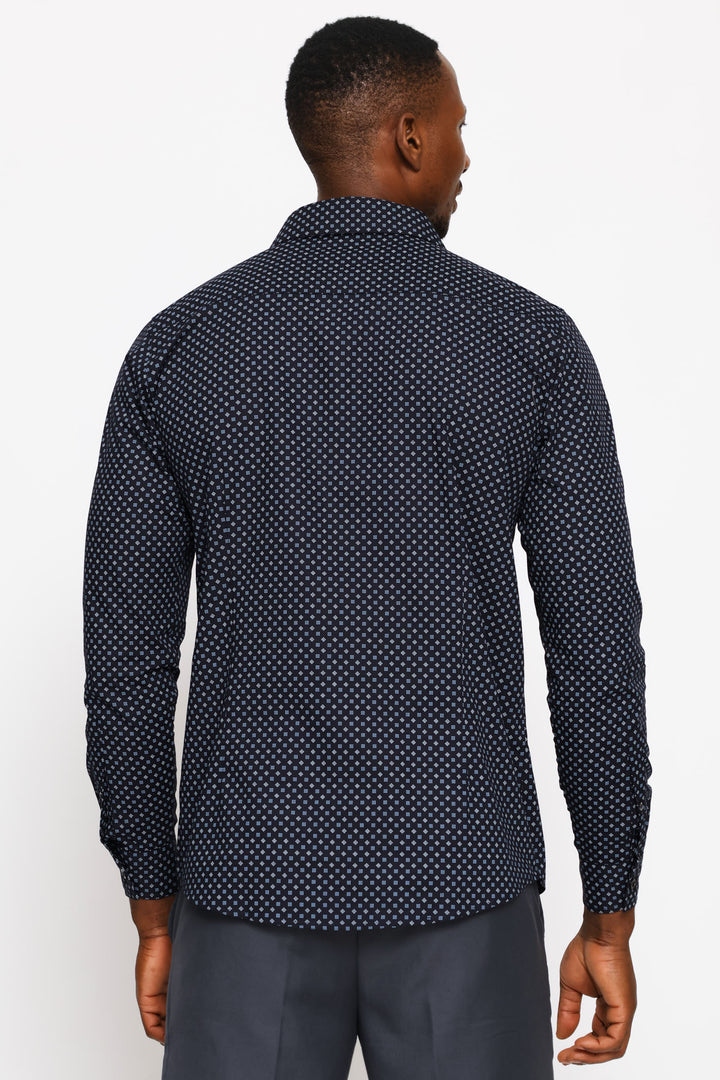 Slim Dotted Square Printed Shirt - Navy
