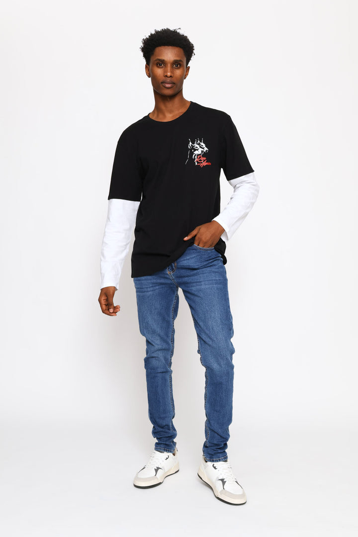 Long Sleeve Dog Print Tee - Black