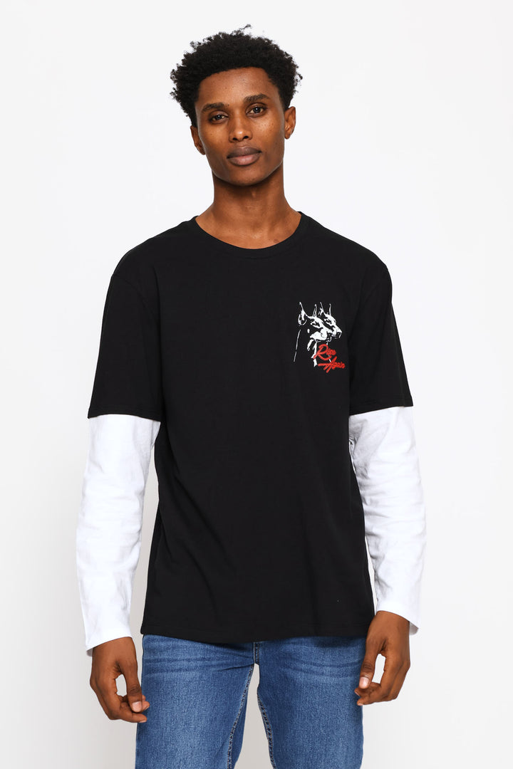 Long Sleeve Dog Print Tee - Black