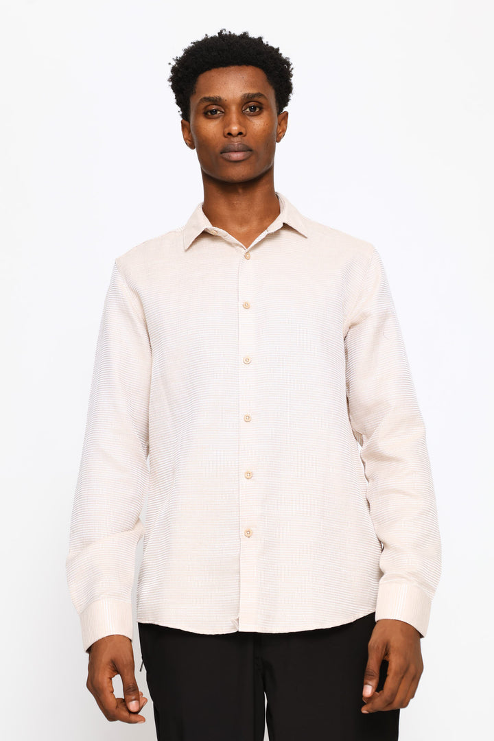 Long Sleeve Waffle Textured Shirt - Stone