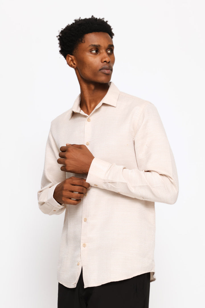Long Sleeve Waffle Textured Shirt - Stone