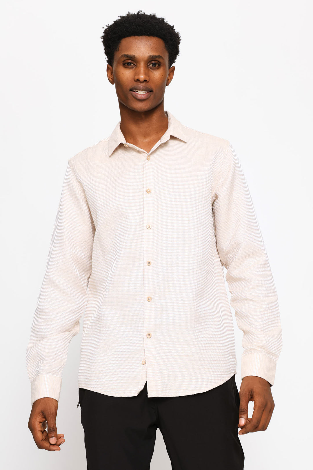 Long Sleeve Waffle Textured Shirt - Stone